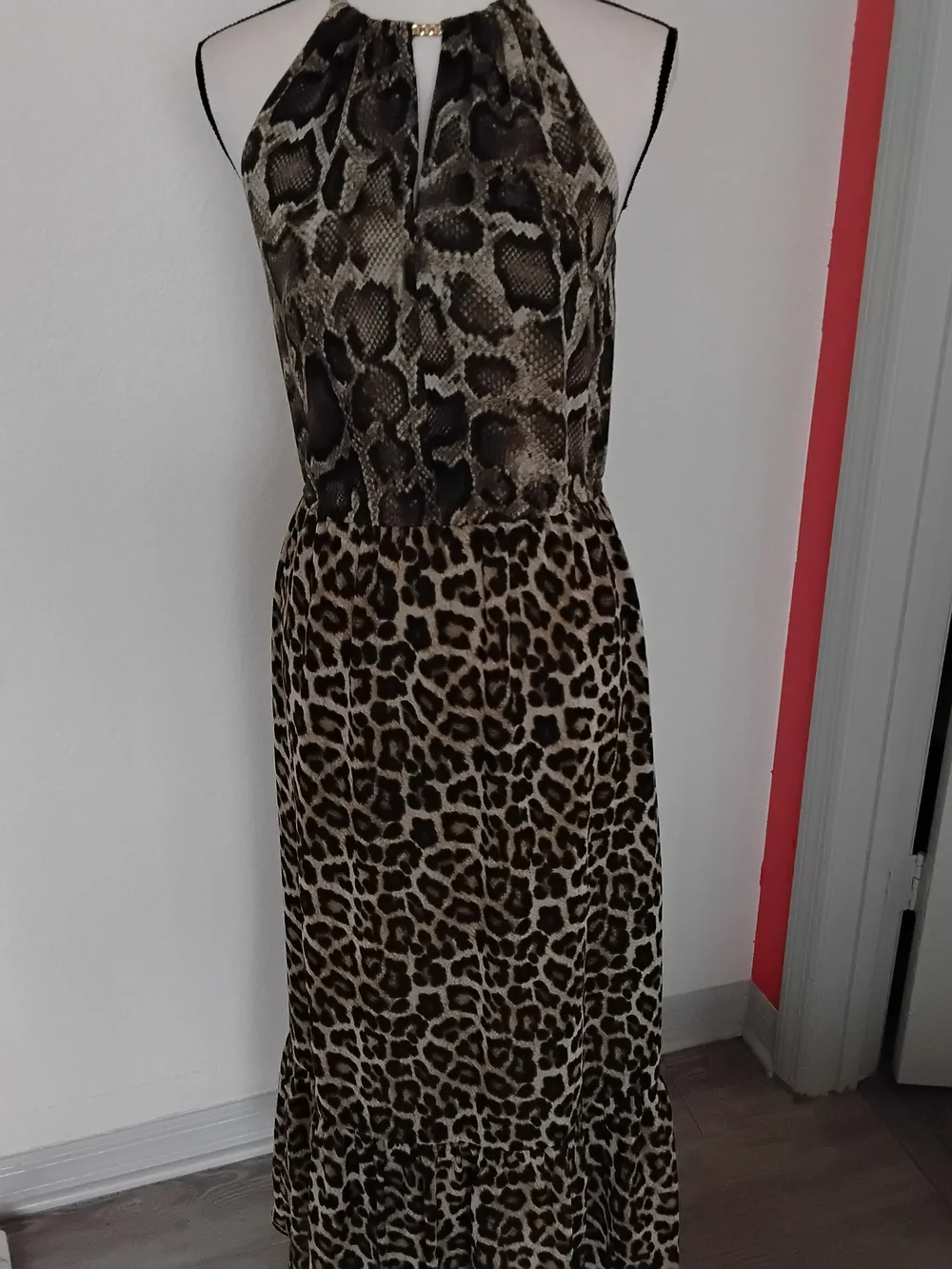 Michael Kors Brown Mixed Animal Print Halter Maxi Dress